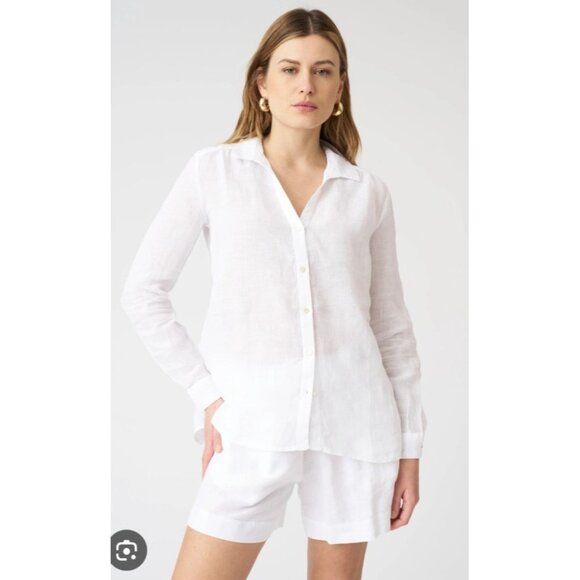 120% Lino Women's Linen Shirt White with Ruffles and Back Lace-Up Size EU 44/12